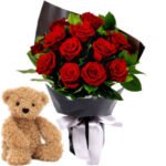 Sweet Bloom Gift Set – 10 Roses with Teddy Bear | Flower Delivery Qatar