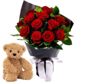 Sweet Bloom Gift Set – 10 Roses with Teddy Bear | Flower Delivery Qatar
